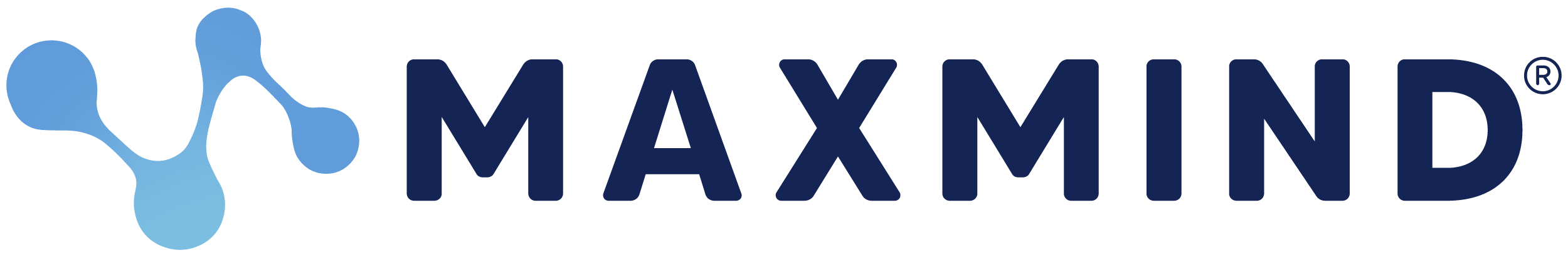 The MaxMind logo is the word MAXMIND, all in capitals, in a dark blue, bold,
sans serif font with softened edges. There’s a logomark before the text, a set
of four dots connected by lines in a stylized M with a gradient between two
lighter blues.